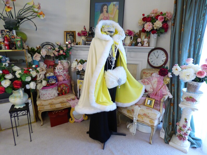 Easter Princess Bridal Cape 37 inch Medium-cape Lemon Yellow / Ivory Satin Reversible Hooded with Fur trim Wedding Cloak Handmade in USA image 9