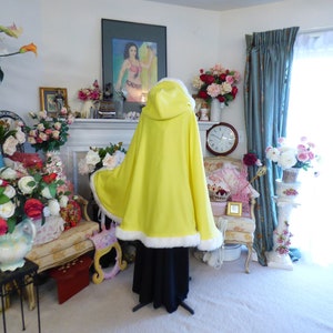 Easter Princess Bridal Cape 37 inch Medium-cape Lemon Yellow / Ivory Satin Reversible Hooded with Fur trim Wedding Cloak Handmade in USA image 2