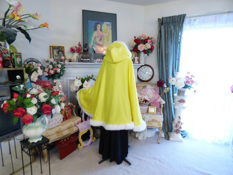 Easter Princess Bridal Cape 37 inch Medium-cape Lemon Yellow / Ivory Satin Reversible Hooded with Fur trim Wedding Cloak Handmade in USA image 2