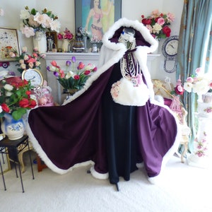 Classic beautiful Bridal Cape 52-inch Full Length Grape Purple / IVORY Satin Wedding Cloak Hooded with Fur Trim Handmade in USA image 2