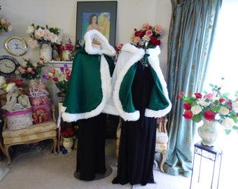 Winter Queen Forest-Emerald-Green / IVORY Satin Bridal cape 27-inch Hip-Length Wedding Cloak with Fur TrimHandmade in USA