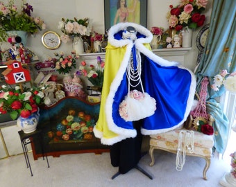 Beauty And Beast Inspired Bridal Cape 37 inch Royal Blue / Sunflower-Yellow Satin Wedding Cloak Hooded Reversible with Fur trim Made in USA