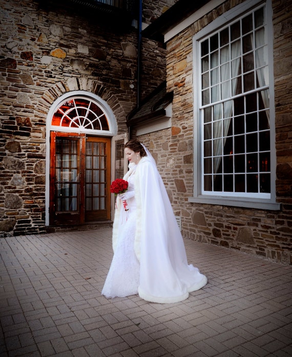 Classic Winter Bridal Cape 52 67 Inch White White Satin With Etsy