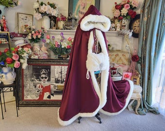 Coronation Queen Bridal Cape 52 inch Maroon / Ivory Satin Full-Length Wedding Cloak Reversible Hooded with Fur Trim Handmade in the USA