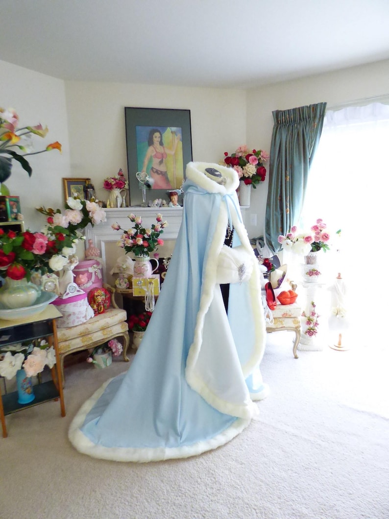 Something Blue & Dreamy Bridal Cape 52/67-inch Powder Blue / Ivory Satin Reversible Hooded with Fur Trim Wedding Cloak Handmade in USA image 6