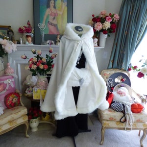 Winter Queen Bridal Cape Medium-length 37-inch Ivory / Ivory Satin Wedding Cloak Reversible Hooded with Fur trim Handmade in USA image 9