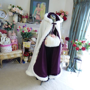 Classic beautiful Bridal Cape 52-inch Full Length Grape Purple / IVORY Satin Wedding Cloak Hooded with Fur Trim Handmade in USA image 7