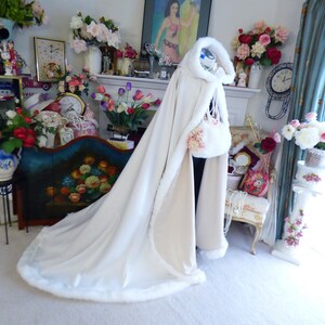 Boudoir Photography 52/67-inch Bridal Cape Champagne / Ivory Satin wedding cloak Hooded Reversible with Fake Fur Trim Handmade in USA image 2