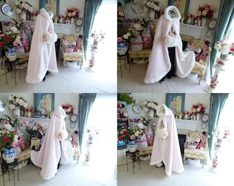 Boudoir Beauty Bridal Cape 52-inch Floor-Length Ice-Pink Satin / Ivory Satin Wedding Cloak Reversible Hooded with Fur Trim Handmade in USA