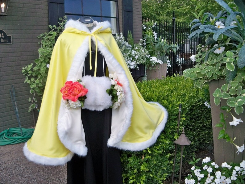 Easter Princess Bridal Cape 37 inch Medium-cape Lemon Yellow / Ivory Satin Reversible Hooded with Fur trim Wedding Cloak Handmade in USA image 5