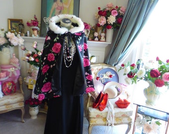 Floral Pink-Rose Bridal Cape 30-inch Floral Satin/ Black Satin wedding cloak Reversible Hooded With Faux Fur Trim Handmade in USA