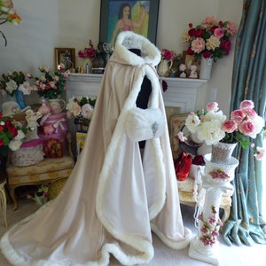 Boudoir Photography 52/67-inch Bridal Cape Champagne / Ivory Satin wedding cloak Hooded Reversible with Fake Fur Trim Handmade in USA image 3