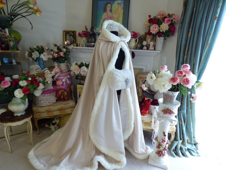 Boudoir Photography 52/67-inch Bridal Cape Champagne / Ivory Satin wedding cloak Hooded Reversible with Fake Fur Trim Handmade in USA image 3