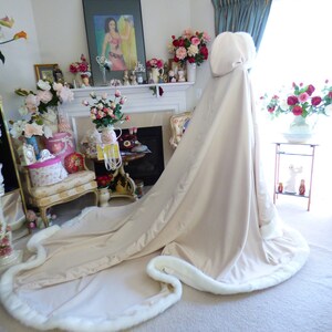 Boudoir Beauty Bridal Cape Pageant Train 52/96-inch Champagne / Ivory Satin Wedding Cloak Reversible Hooded with Fur Trim Handmade in USA
