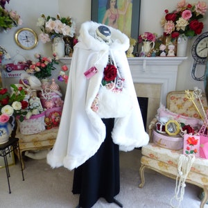 Winter Snow Queen Medium-length Bridal Cape 37 inch White / White Satin Wedding Cloak Hooded Reversible with Fur trim Handmade in USA