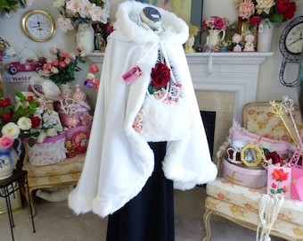 Winter Snow Queen Medium-length Bridal Cape 37 inch White / White Satin Wedding Cloak Hooded Reversible with Fur trim Handmade in USA