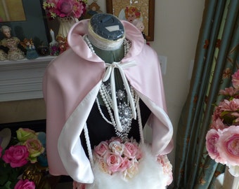 Lolita Bridal Cape Peter Pan Collar Waist-Length Reversible 18-inch Blush-Rose / Ivory Satin  No-Fur Wedding Cloak Handmade in USA