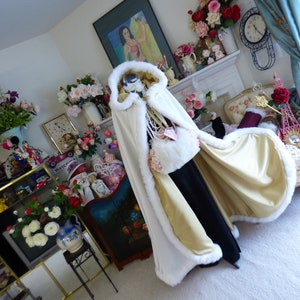 Art Deco Princess inspired Bridal Cape 52" Full-Length GOLD / IVORY Satin wedding cloak Hooded Reversible with fur trim Handmade in The USA