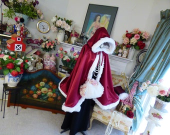 Santa & Mrs Christmas Inspired 37 inch Medium-Length Cranberry / Ivory Satin Bridal Cape Hooded Reversible with fur trim Made in USA