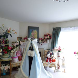 Something Blue & Dreamy Bridal Cape 52/67-inch Powder Blue / Ivory Satin Reversible Hooded with Fur Trim Wedding Cloak Handmade in USA image 10