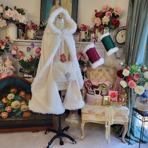 Winter Queen Bridal Cape Medium-length 37-inch Ivory / Ivory Satin Wedding Cloak Reversible Hooded with Fur trim Handmade in USA