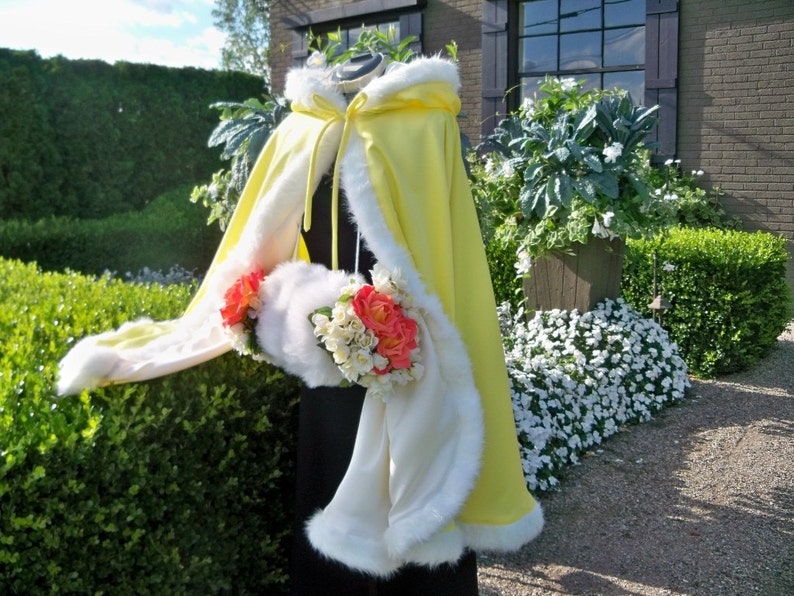 Easter Princess Bridal Cape 37 inch Medium-cape Lemon Yellow / Ivory Satin Reversible Hooded with Fur trim Wedding Cloak Handmade in USA image 7