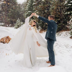 Classic Bridal cape 52-inch Ivory / Ivory Satin Full- Length wedding cloak Reversible Hooded with Fake Fur trim Handmade in USA