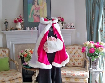 Stunning Princess Bridal Cape Mid-Length 37-inch Cerise (Pinkish-Red)/ Ivory Satin wedding cloak Reversible Hooded with fur trim Made in USA