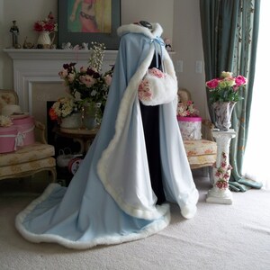 Something Blue & Dreamy Bridal Cape 52/67-inch Powder Blue / Ivory Satin Reversible Hooded with Fur Trim Wedding Cloak Handmade in USA image 9