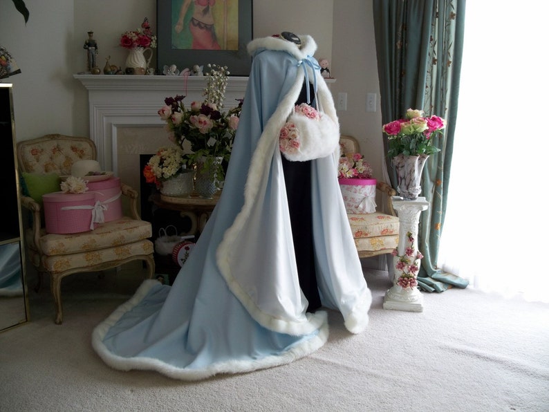 Something Blue & Dreamy Bridal Cape 52/67-inch Powder Blue / Ivory Satin Reversible Hooded with Fur Trim Wedding Cloak Handmade in USA image 9