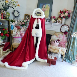 Christmas Inspired Medieval Bridal Cape Claret / Ivory Satin 52/67 inch Hooded Reversible with Fake Fur Trim Wedding Cloak Handmade in USA