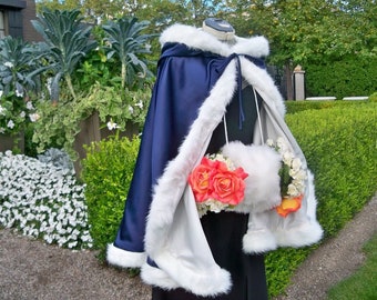 Victorian Bridal cape 37 inch (2 tone) Navy Blue / Ivory Satin with Fur Trim Wedding Cloak  Handmade in USA