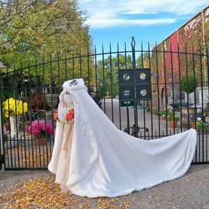 Winter Queen Bridal Cape 52/96 inch Pageant Train Ivory / Ivory Satin Reversible Hooded with Fur Trim Wedding Cloak Handmade in USA image 2