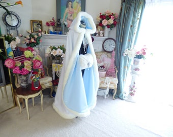 Winter Ice Princess Bridal Cape Powder Blue / Ivory Satin 52 inch Wedding Cloak Reversible Hooded with Fur Trim Handmade in USA