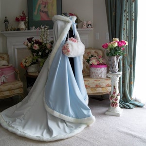Something Blue & Dreamy Bridal Cape 52/67-inch Powder Blue / Ivory Satin Reversible Hooded with Fur Trim Wedding Cloak Handmade in USA image 4