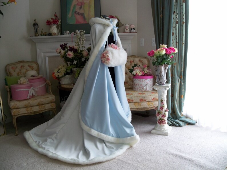 Something Blue & Dreamy Bridal Cape 52/67-inch Powder Blue / Ivory Satin Reversible Hooded with Fur Trim Wedding Cloak Handmade in USA image 4