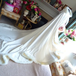 Winter Queen Bridal Cape 52/96 inch Pageant Train Ivory / Ivory Satin Reversible Hooded with Fur Trim Wedding Cloak Handmade in USA image 9