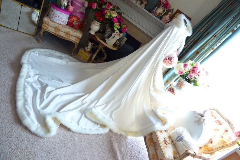 Winter Queen Bridal Cape 52/96 inch Pageant Train Ivory / Ivory Satin Reversible Hooded with Fur Trim Wedding Cloak Handmade in USA image 9