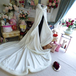 Winter Queen Bridal Cape 52/96 inch Pageant Train Ivory / Ivory Satin Reversible Hooded with Fur Trim Wedding Cloak Handmade in USA image 6