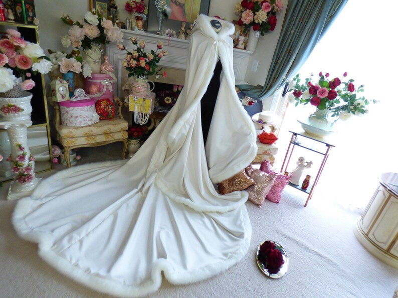 Winter Queen Bridal Cape 52/96 inch Pageant Train Ivory / Ivory Satin Reversible Hooded with Fur Trim Wedding Cloak Handmade in USA image 6