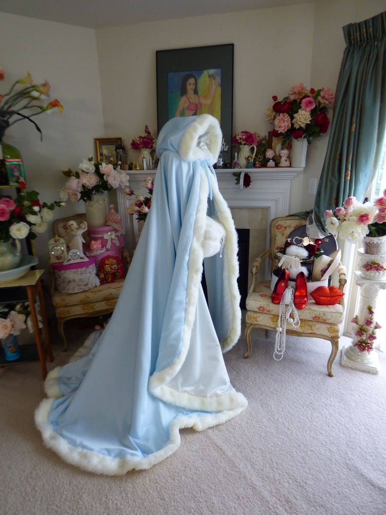 Something Blue & Dreamy Bridal Cape 52/67-inch Powder Blue / Ivory Satin Reversible Hooded with Fur Trim Wedding Cloak Handmade in USA image 8