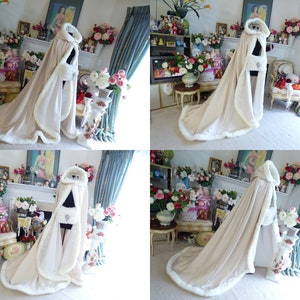 Boudoir Photography 52/67-inch Bridal Cape Champagne / Ivory Satin wedding cloak Hooded Reversible with Fake Fur Trim Handmade in USA image 4