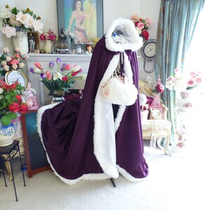 Classic beautiful Bridal Cape 52-inch Full Length Grape Purple / IVORY Satin Wedding Cloak Hooded with Fur Trim Handmade in USA image 8