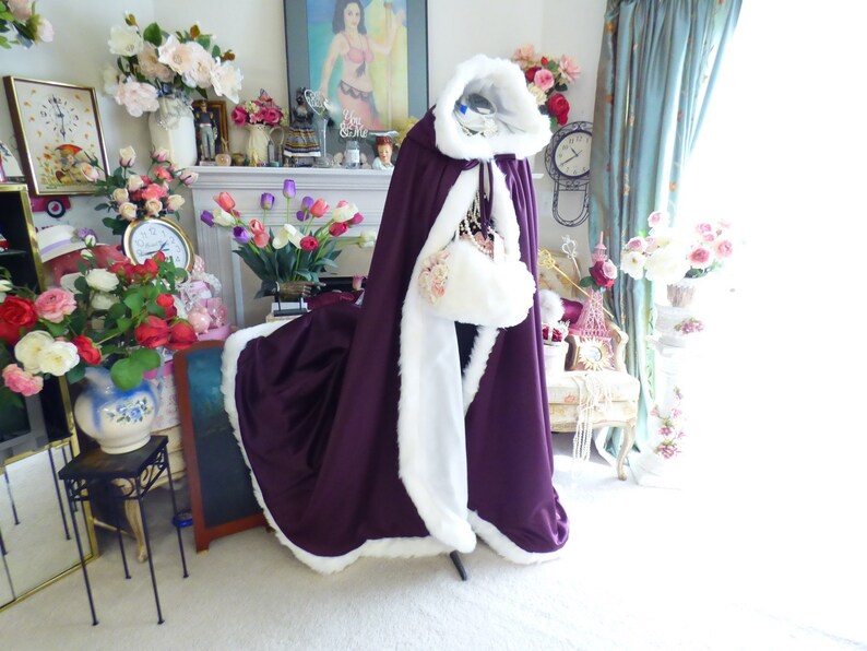 Classic beautiful Bridal Cape 52-inch Full Length Grape Purple / IVORY Satin Wedding Cloak Hooded with Fur Trim Handmade in USA image 8