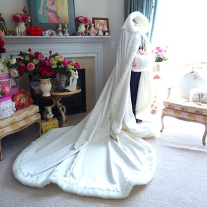 Winter Queen Bridal Cape 52/96 inch Pageant Train Ivory / Ivory Satin Reversible Hooded with Fur Trim Wedding Cloak Handmade in USA image 10