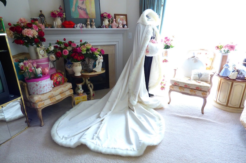 Winter Queen Bridal Cape 52/96 inch Pageant Train Ivory / Ivory Satin Reversible Hooded with Fur Trim Wedding Cloak Handmade in USA image 10