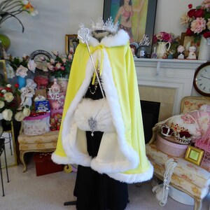 Easter Princess Bridal Cape 37 inch Medium-cape Lemon Yellow / Ivory Satin Reversible Hooded with Fur trim Wedding Cloak Handmade in USA image 10