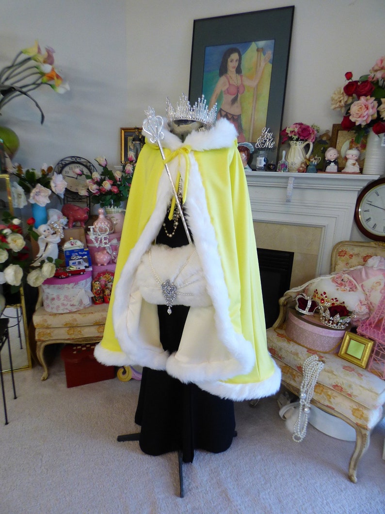 Easter Princess Bridal Cape 37 inch Medium-cape Lemon Yellow / Ivory Satin Reversible Hooded with Fur trim Wedding Cloak Handmade in USA image 10