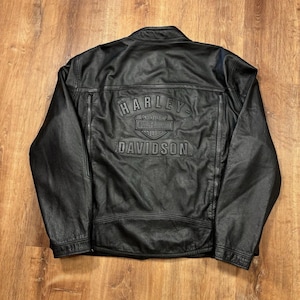 Harley Davidson Bar & Shield Leather Jacket, Black Embossed Logo Motorcycle Biker Coat, Rider Collectors, Events, Casual wear, git for him