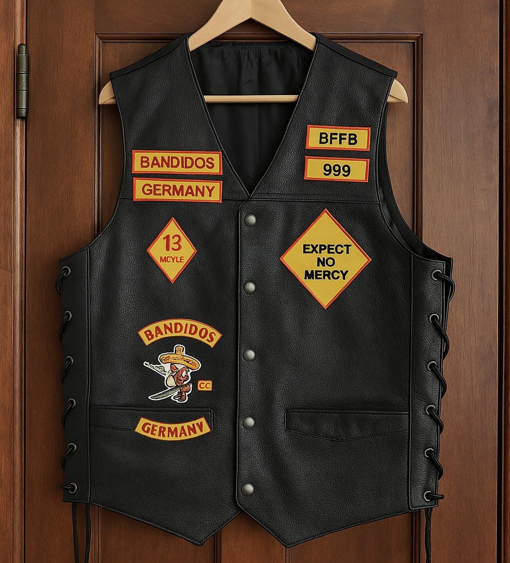 Outlaw Biker Club Style Leather Vest, Patchwork Moto Cut off